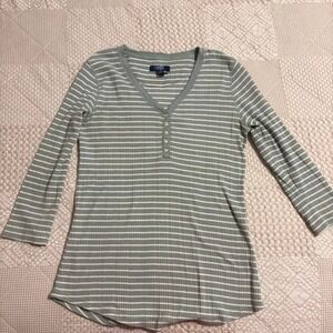 Chaps green and white striped long sleeve top with button detail.